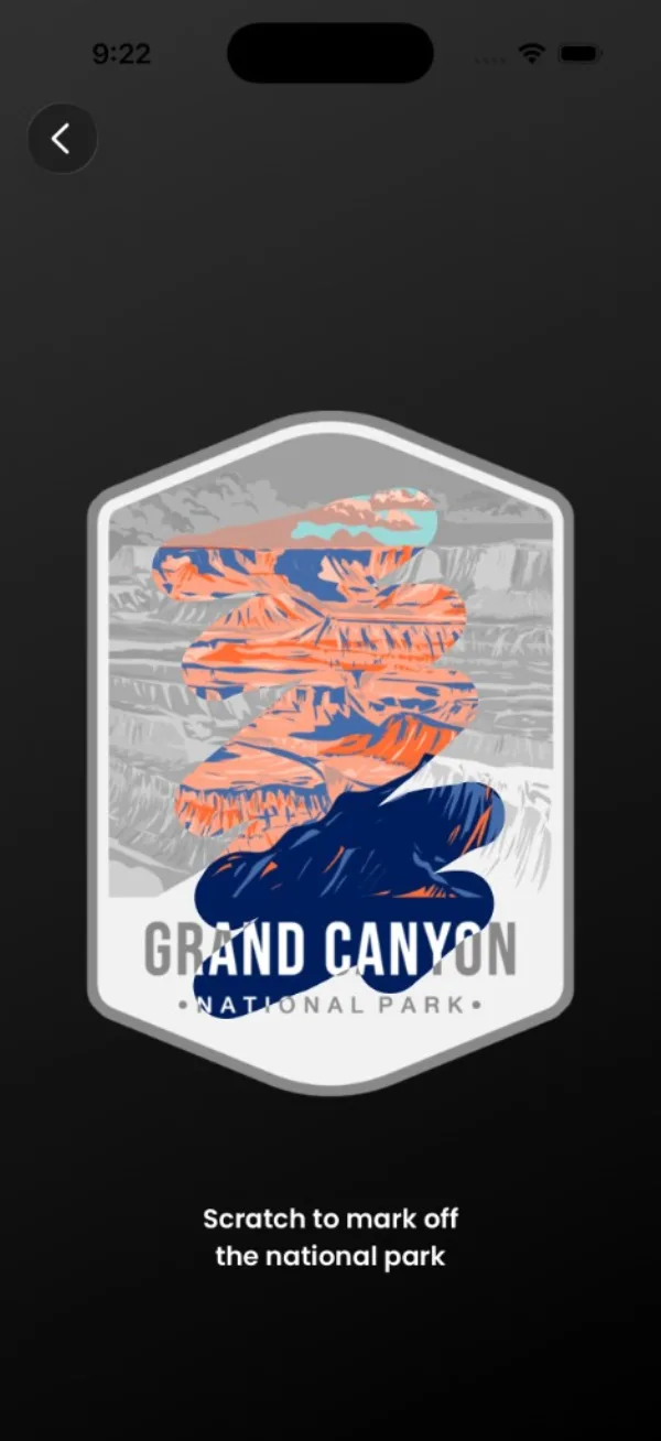 Park Pins scratch-to-unlock screen revealing the Grand Canyon badge in color