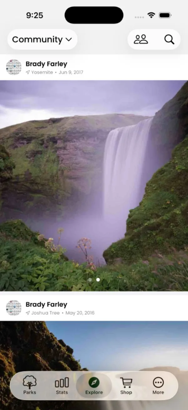 Park Pins Explore feed showing a photo post from a park shared by another user