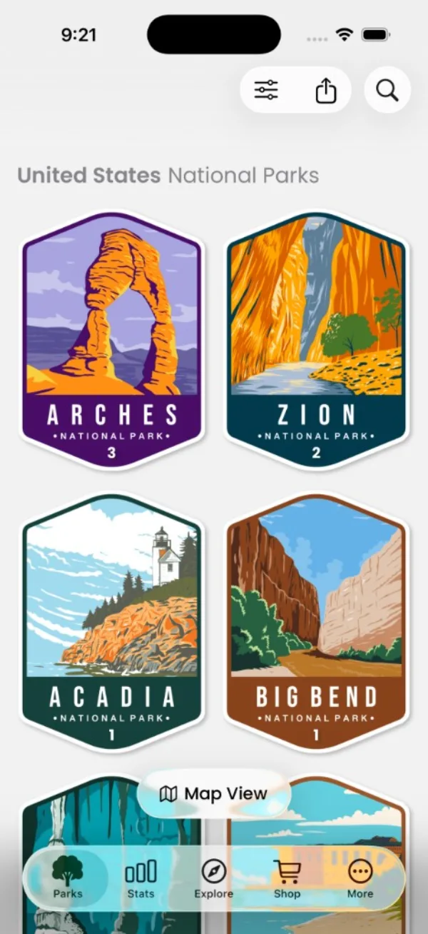 Park Pins parks list showing colorful illustrated badges for Arches, Zion, Acadia, and Big Bend with visit counts