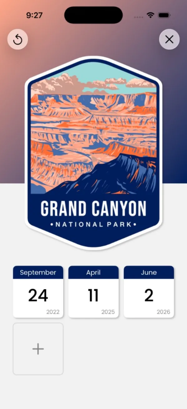 Park Pins Grand Canyon park screen showing the badge and three logged visits with dates
