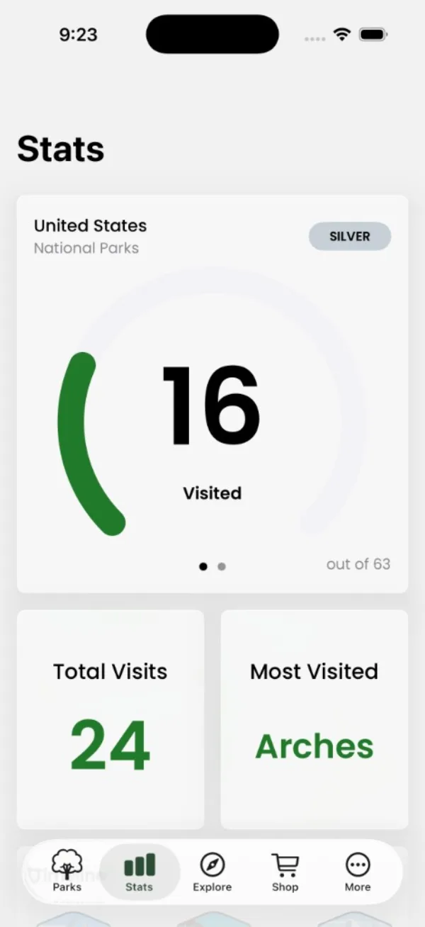 Park Pins stats screen showing 16 of 63 US parks visited at silver rank, 24 total visits, and Arches as most visited